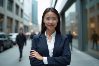 Femme d'affaires en costume dans la ville moderne