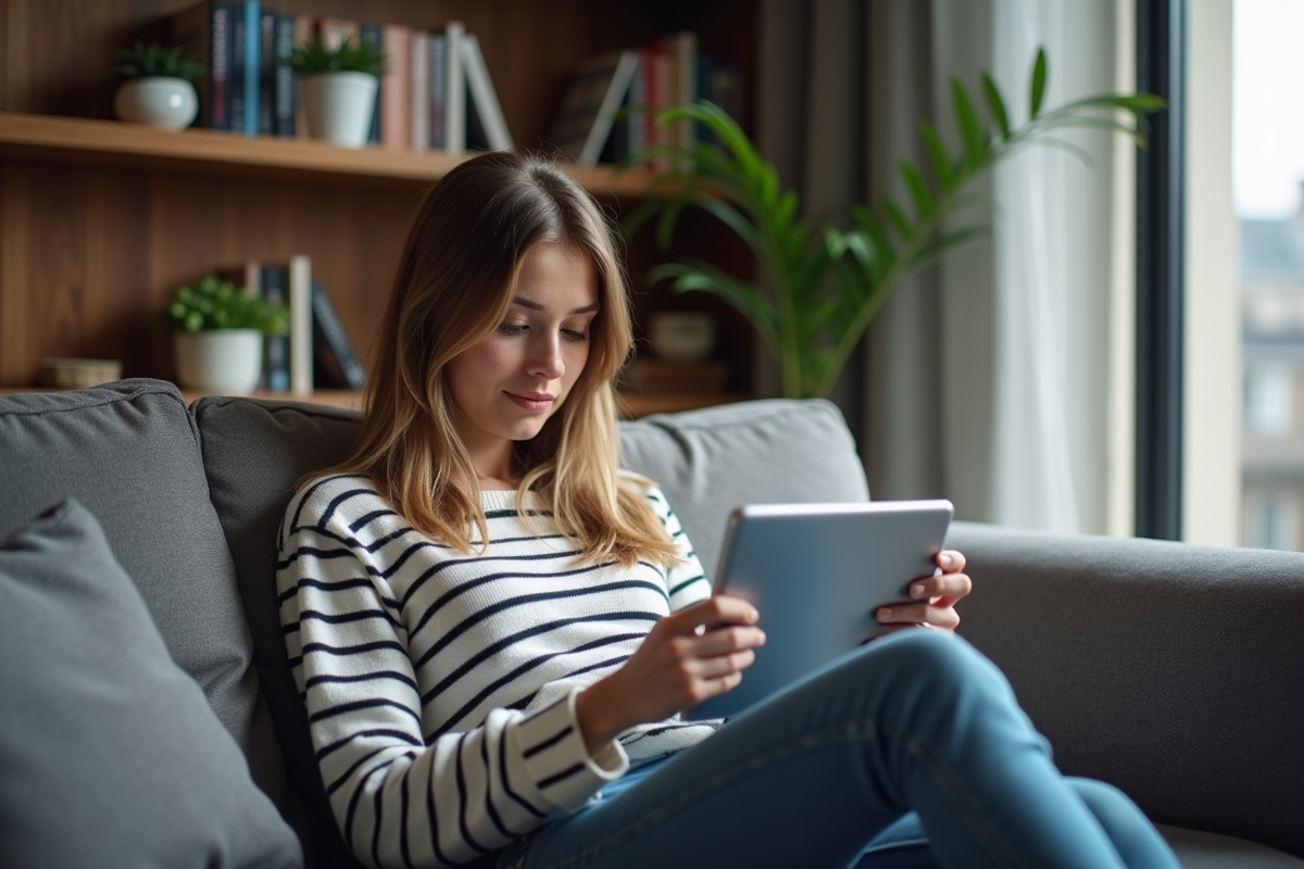 Jeune femme assise sur un canapé à Paris regardant une tablette