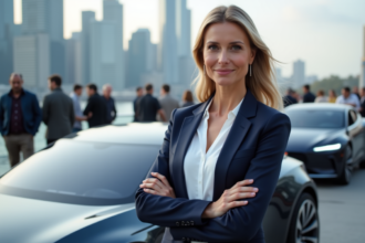 Femme d'affaires près d'une voiture électrique en ville