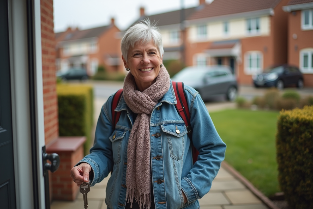 Femme confiante tenant ses clés devant sa nouvelle maison