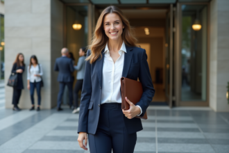 Femme daffaires confiante devant un immeuble moderne
