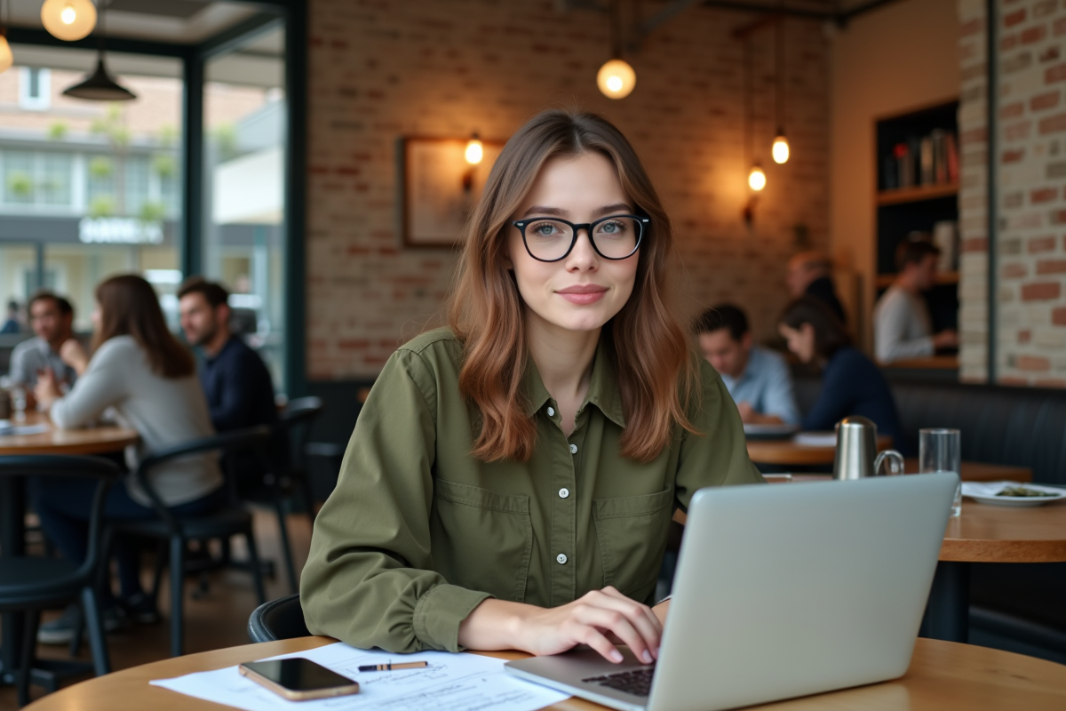 Jeune femme au café en train de taper sur son ordinateur