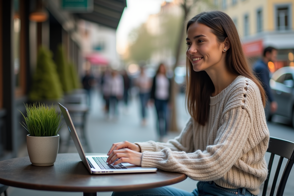Jeune femme organise stockage cloud sur son ordinateur