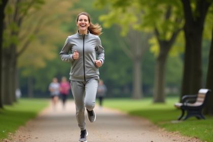 Femme souriante courant dans un parc urbain verdoyant