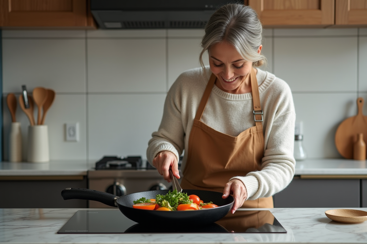 Femme en cuisine moderne préparant des légumes dans une poêle noire