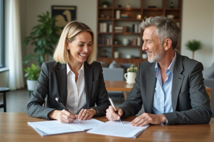 Femme souriante avec agent immobilier dans un salon moderne