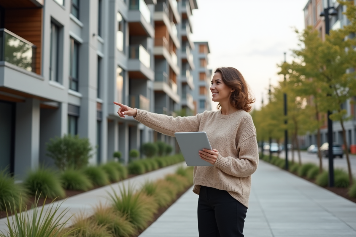Femme souriante avec tablette devant un immeuble neuf en ville