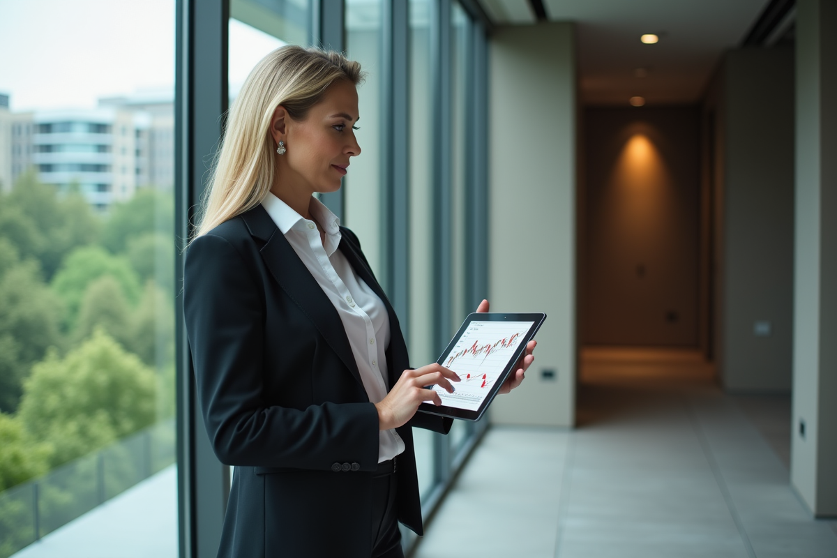 Femme d affaires regardant des graphiques sur sa tablette dans un bureau moderne