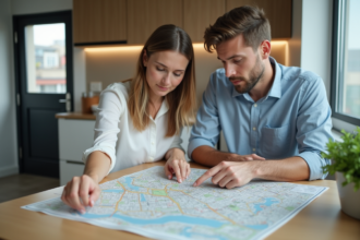 Femme et jeune homme étudient une carte de quartier dans un appartement