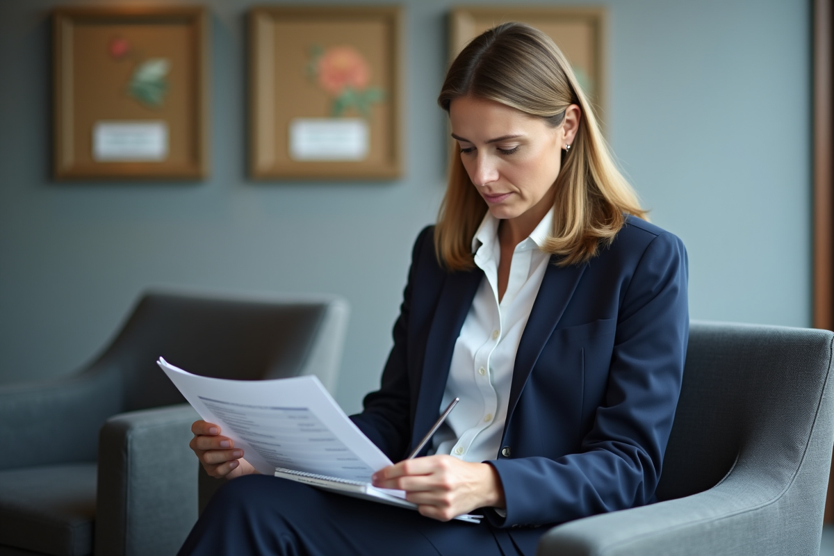 Femme en blazer bleu étudiant une checklist ISO 20400 dans un salon
