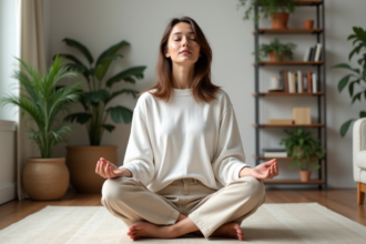 Femme méditant paisiblement dans son salon lumineux