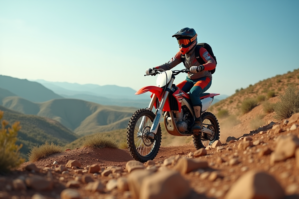 Femme adulte en pleine action sur une moto en terrain rocheux