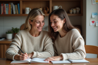 Femme d'âge moyen souriante avec mère jeune dans la cuisine
