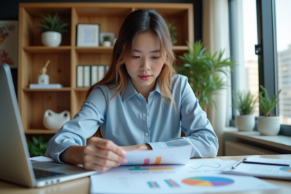 Jeune femme en bureau moderne analysant un graphique coloré