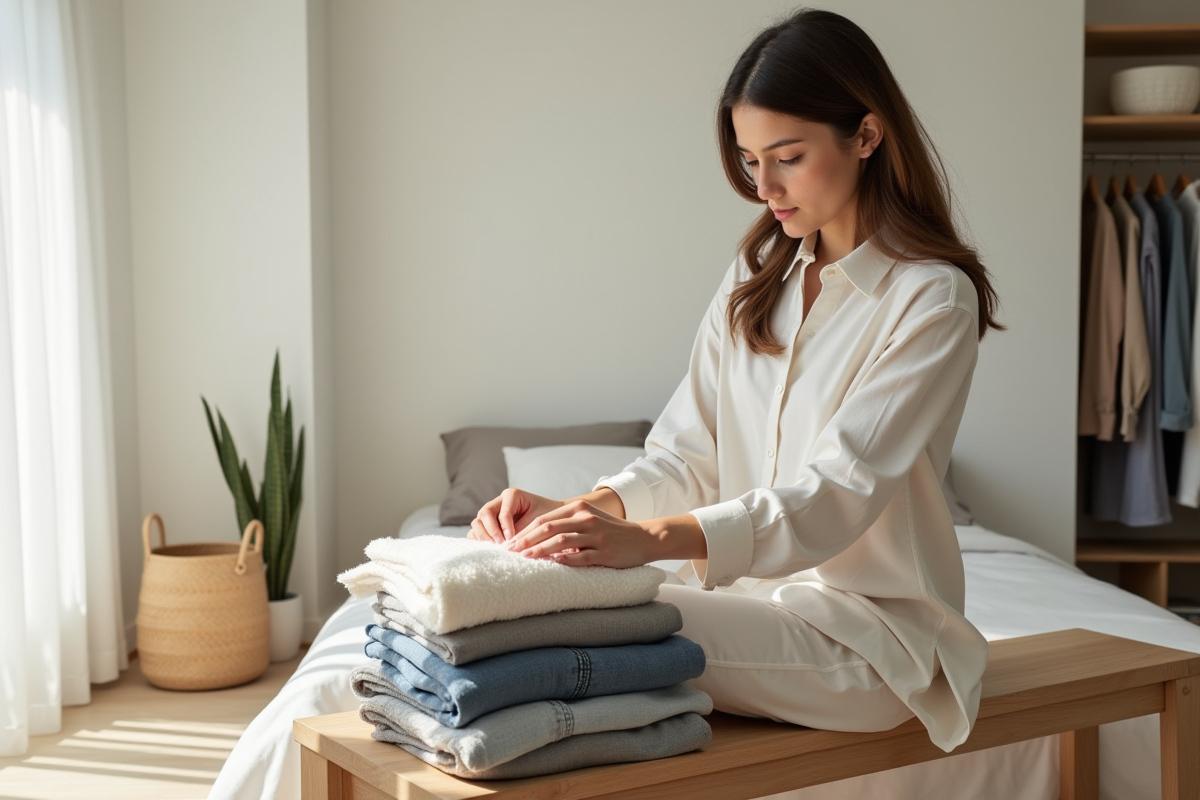 Femme sereine pliant des vêtements neutres dans une chambre lumineuse