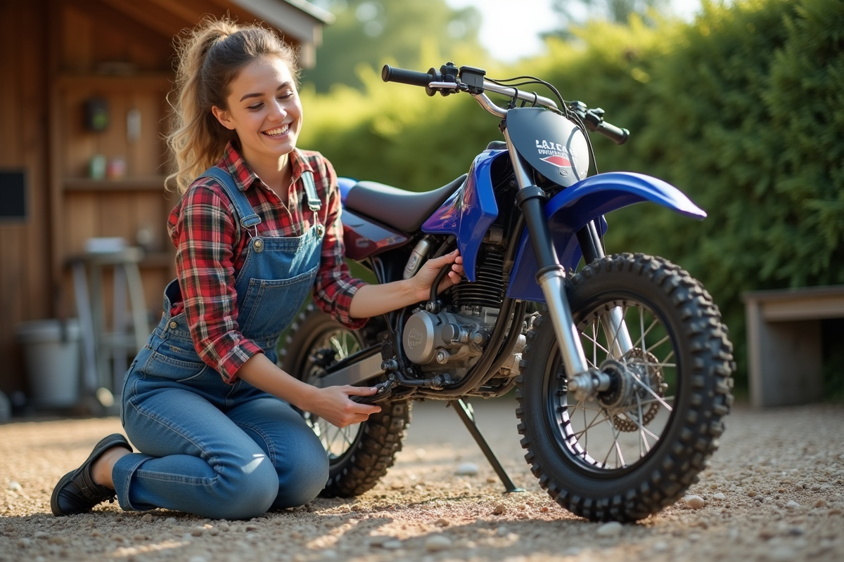 Jeune femme réparant une moto tout-terrain Yamaha