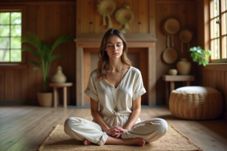 Femme méditant dans un lodge en bois nature