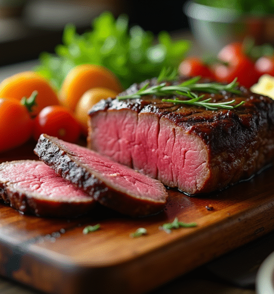 Filet mignon tranché sur planche en bois rustique avec légumes