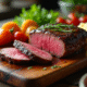 Filet mignon tranché sur planche en bois rustique avec légumes