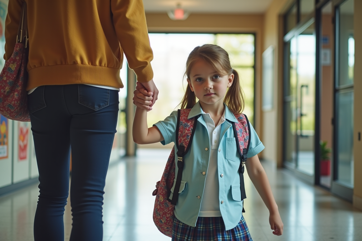Jeune fille en uniforme scolaire entrant à l
