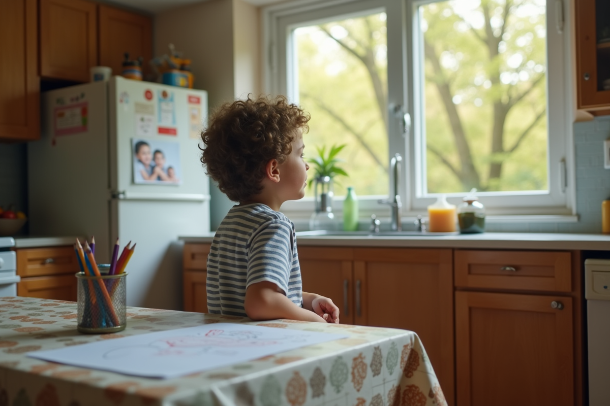 Garçon de 10 ans regardant par la fenêtre dans la cuisine