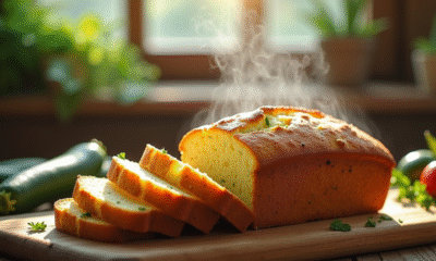 Gâteau de courgette et chèvre fraîchement tranché sur une table rustique
