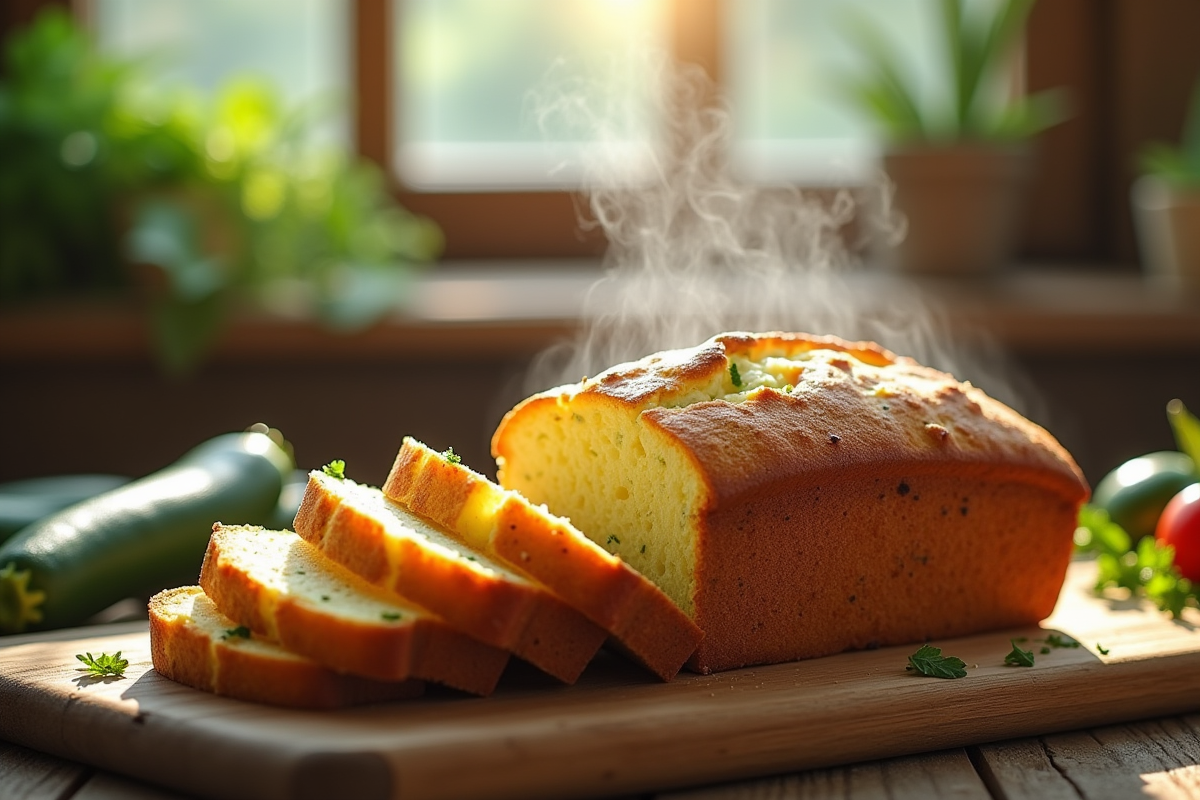 Gâteau de courgette et chèvre fraîchement tranché sur une table rustique