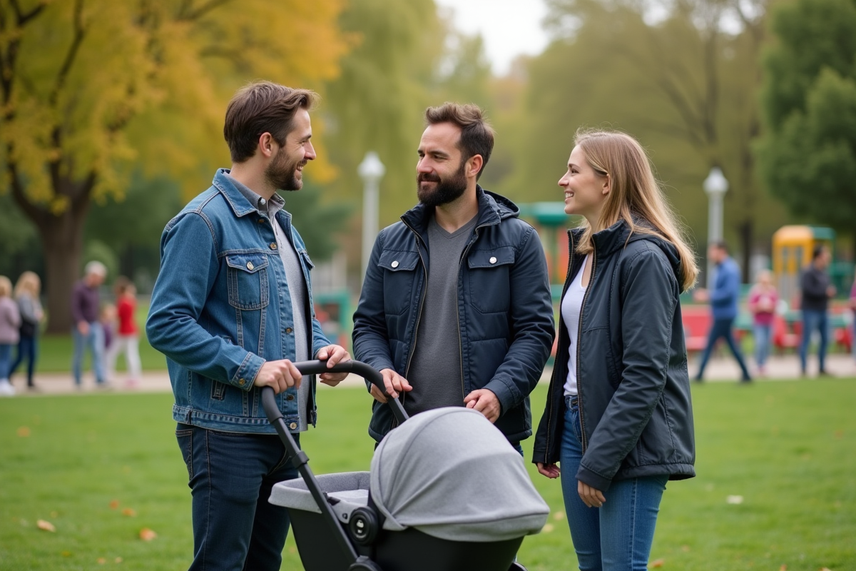 Groupe de parents discutant dans un parc public
