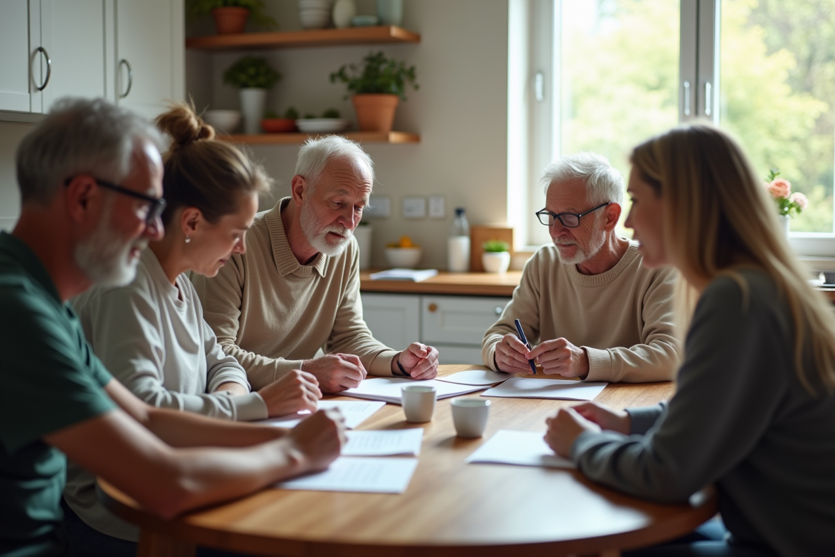 Groupe de personnes discutant d'une checklist santé à la cuisine