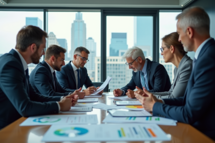 Groupe de professionnels analysant des graphiques financiers en réunion