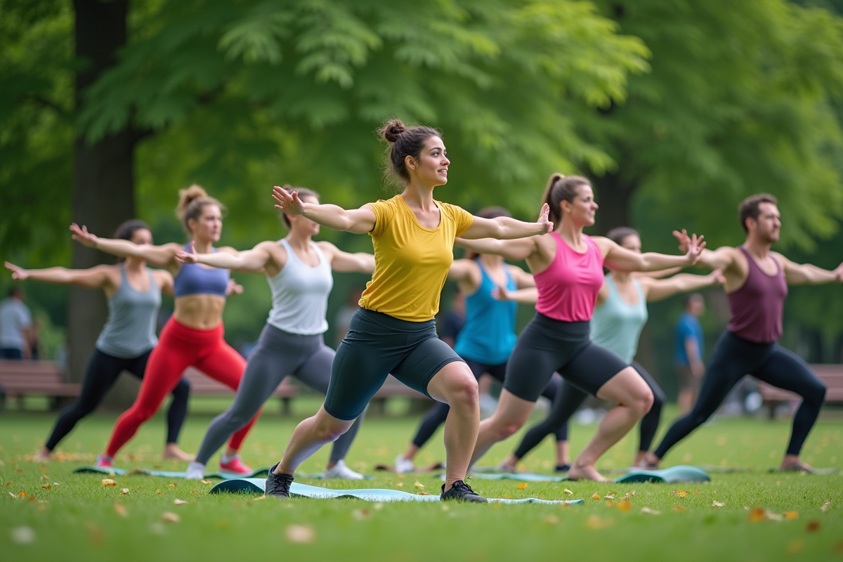 Groupe divers de jeunes faisant du yoga en extérieur