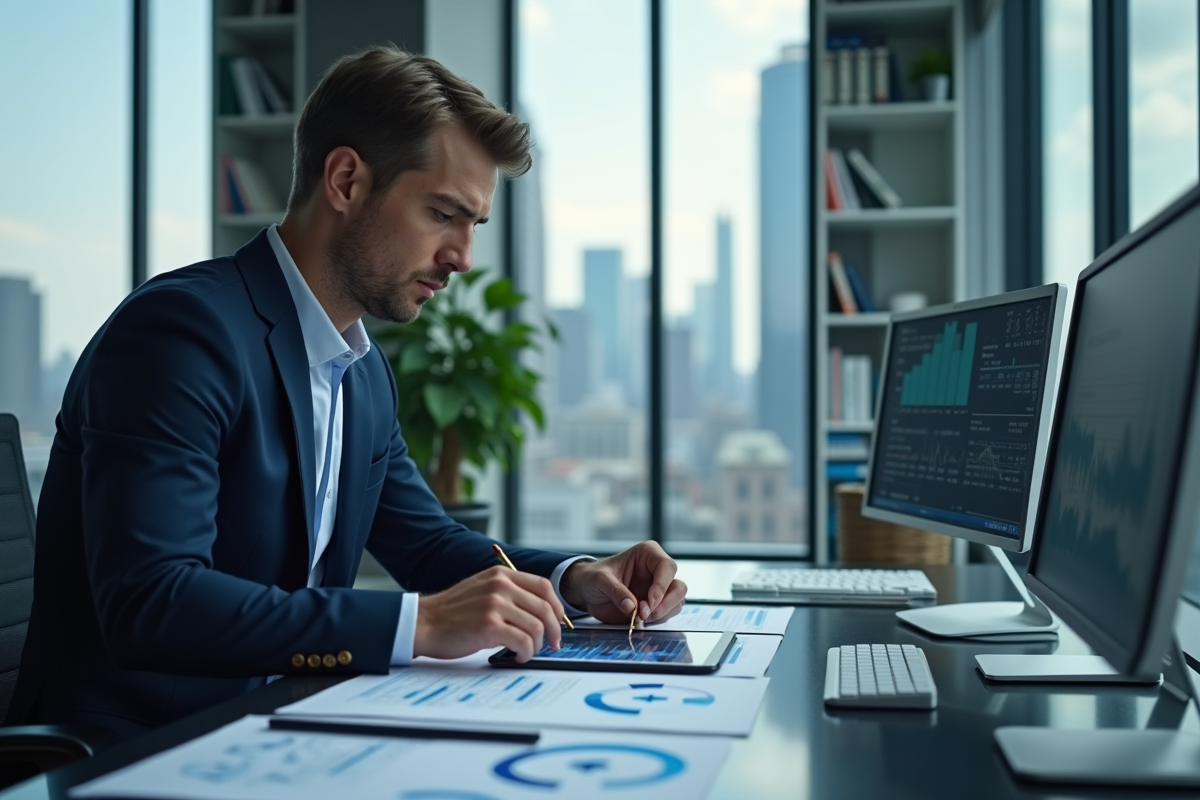 Homme d'affaires en costume bleu analyse des graphiques