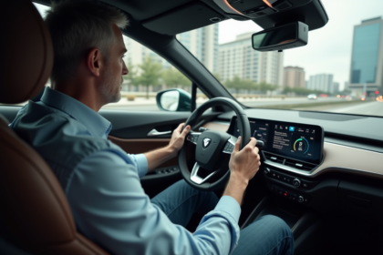 Homme d'âge moyen dans une voiture autonome moderne