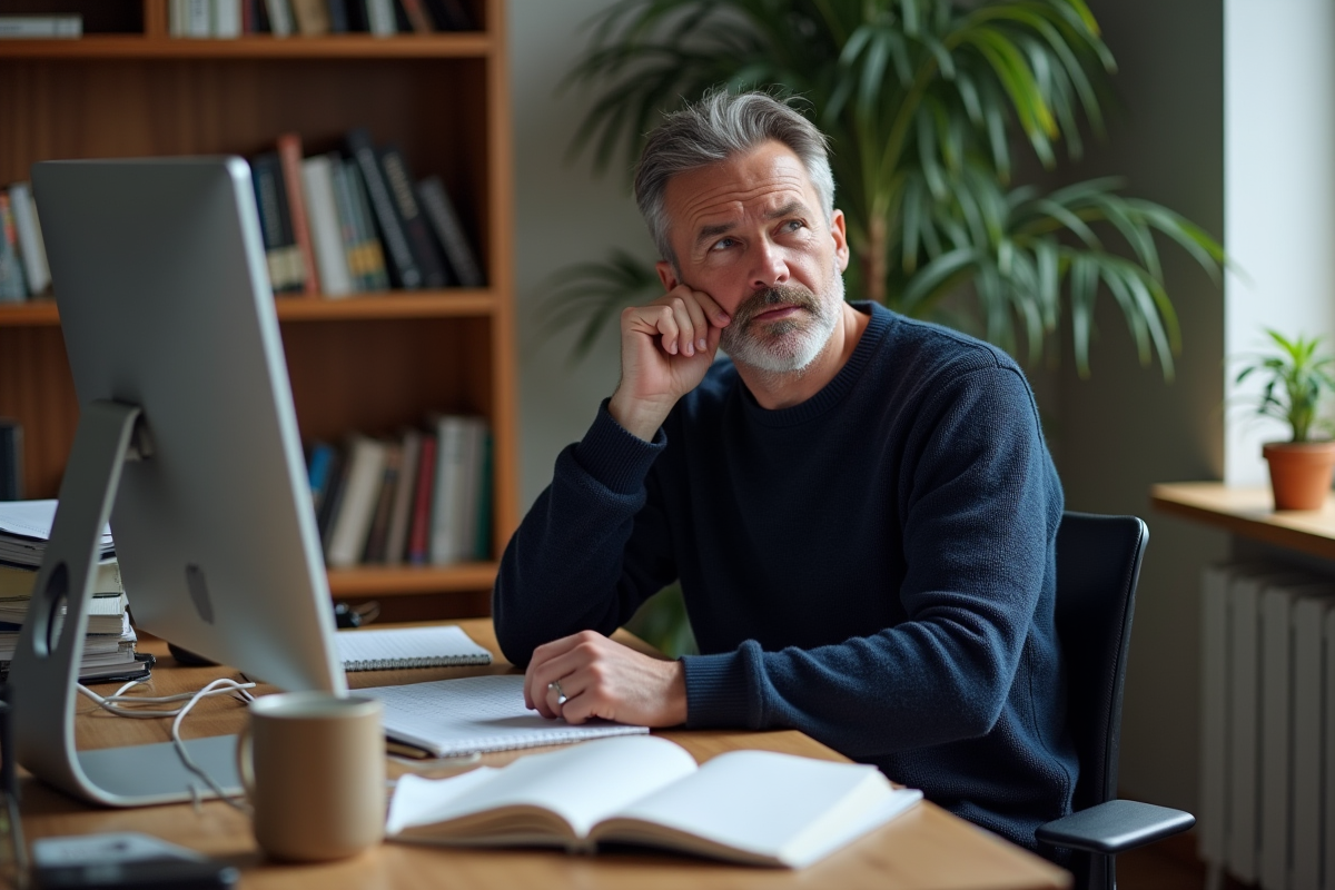 Homme d'âge moyen dans un bureau cosy en réflexion