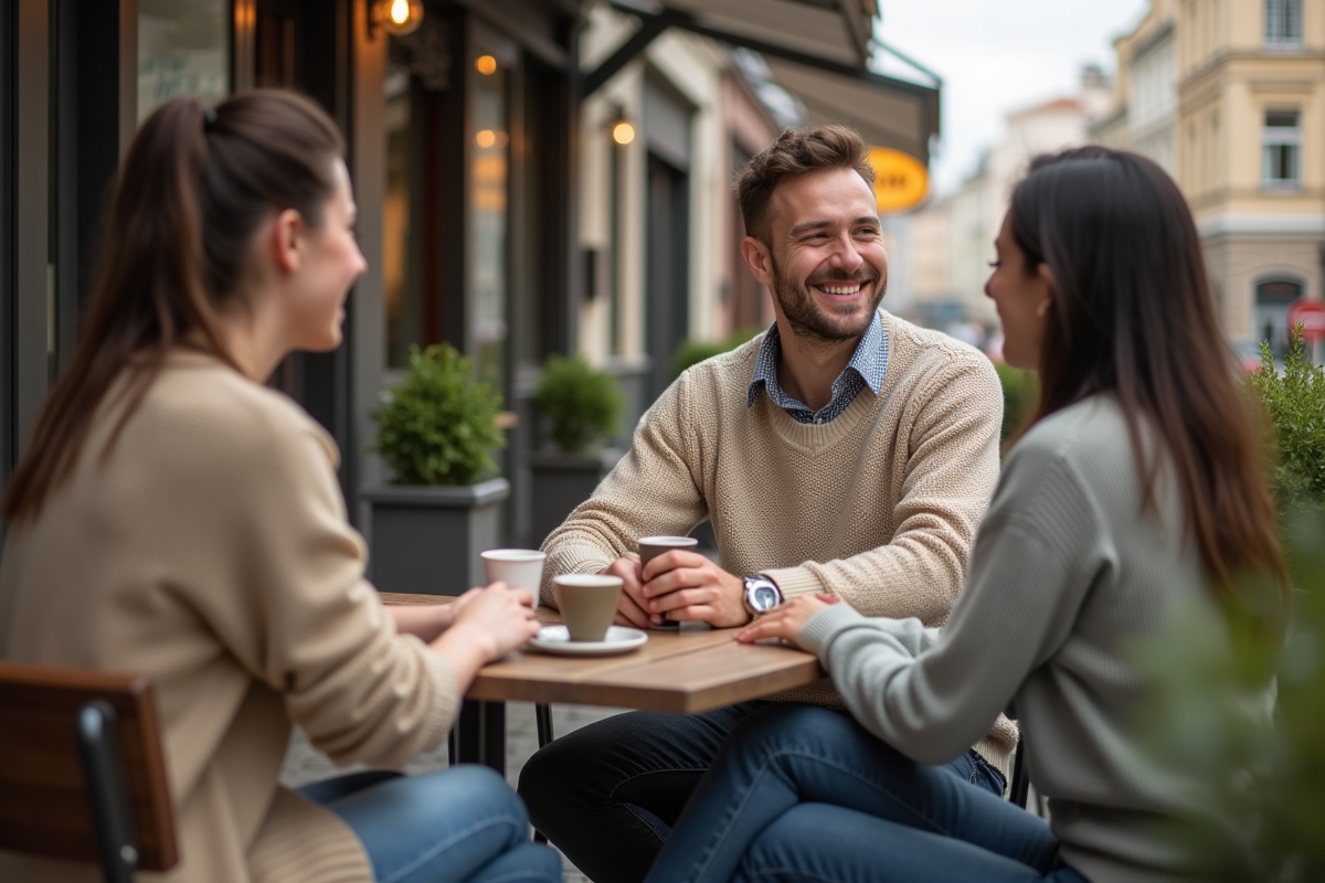 Homme souriant avec des amis dans un café en plein air