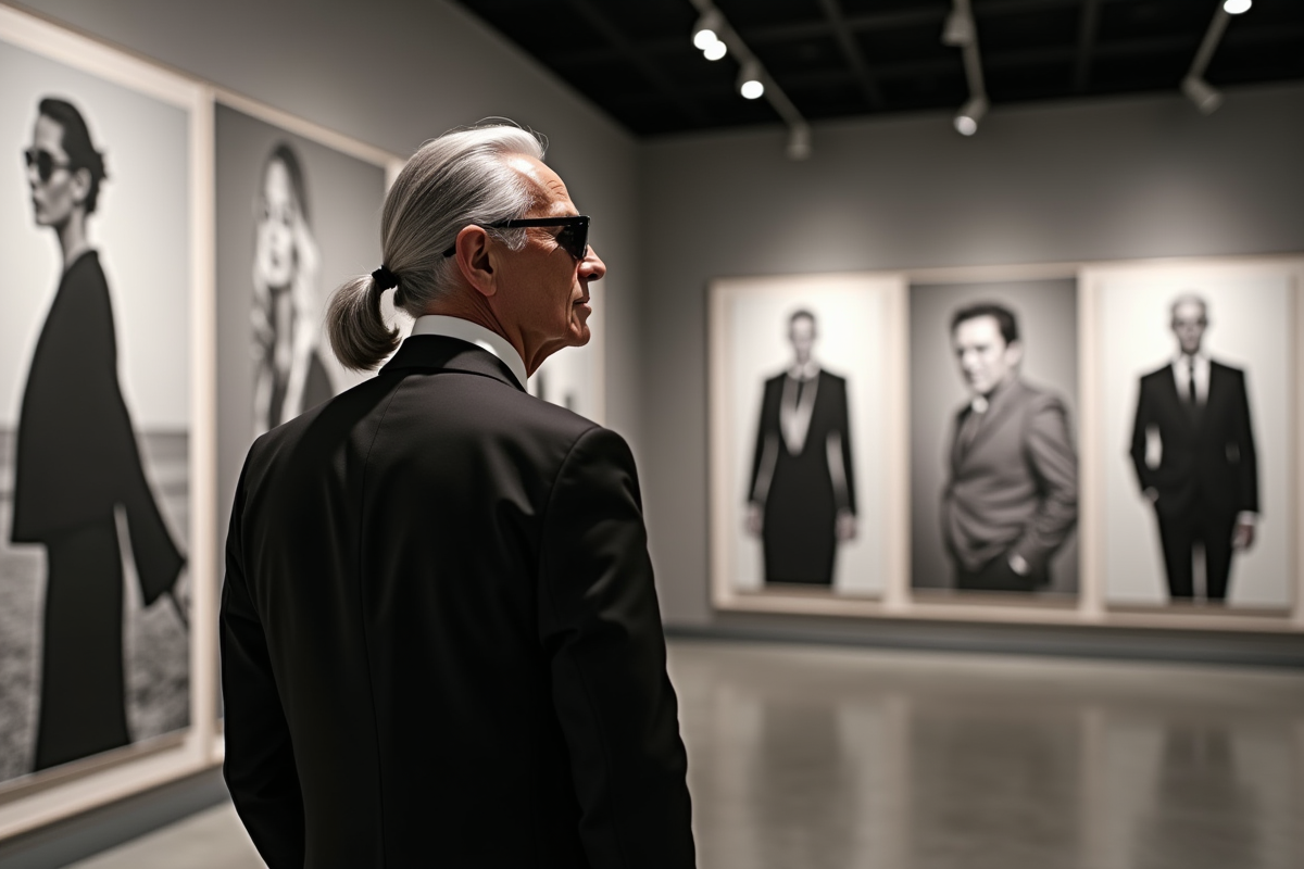 Homme âgé regardant photos de mode en galerie