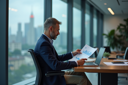 Homme confiant en blazer navy examine brochures auto