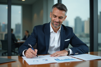 Homme d'affaires en costume bleu examine des documents financiers