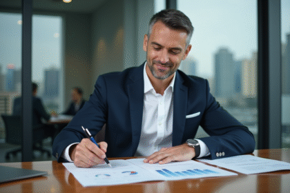 Homme d'affaires en costume bleu examine des documents financiers