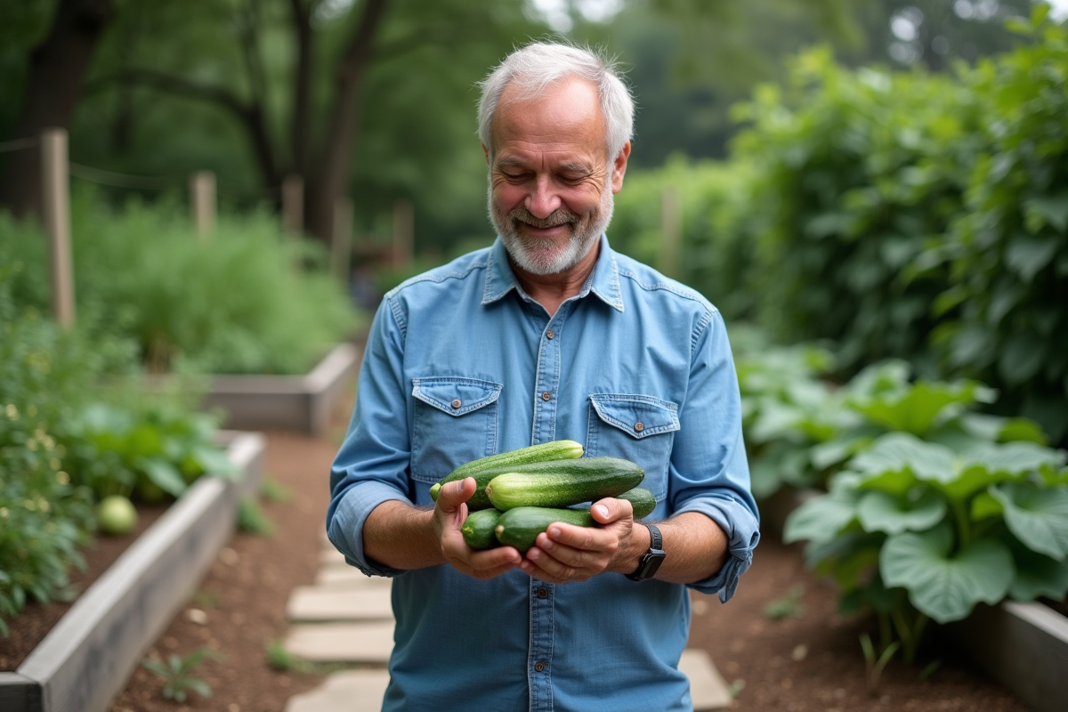Homme cultivant des concombres dans un jardin verdoyant