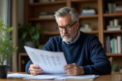 Homme d'âge moyen lisant une brochure médicale dans un bureau chaleureux