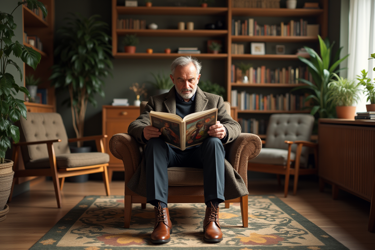 Homme d age lisant magazines dans un salon cosy