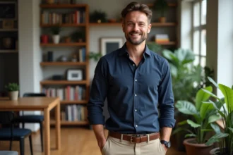 Homme parisien souriant dans son appartement moderne