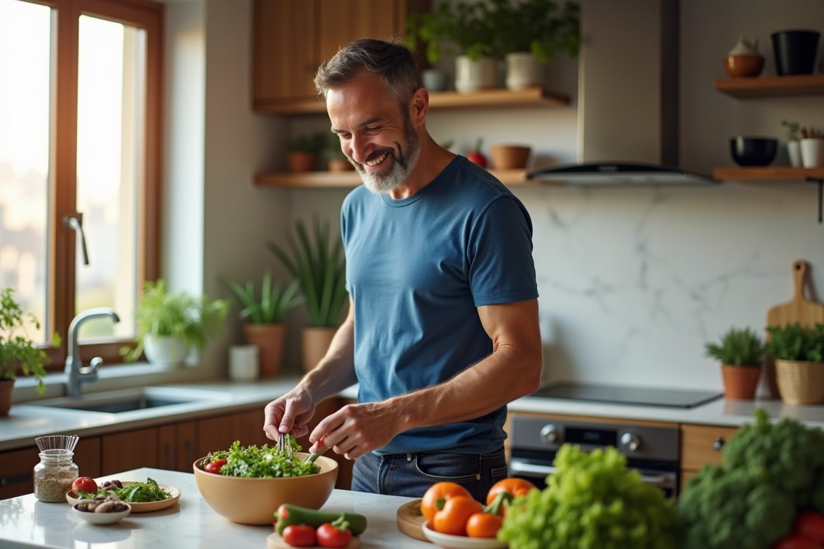 Homme souriant préparant une salade dans une cuisine moderne