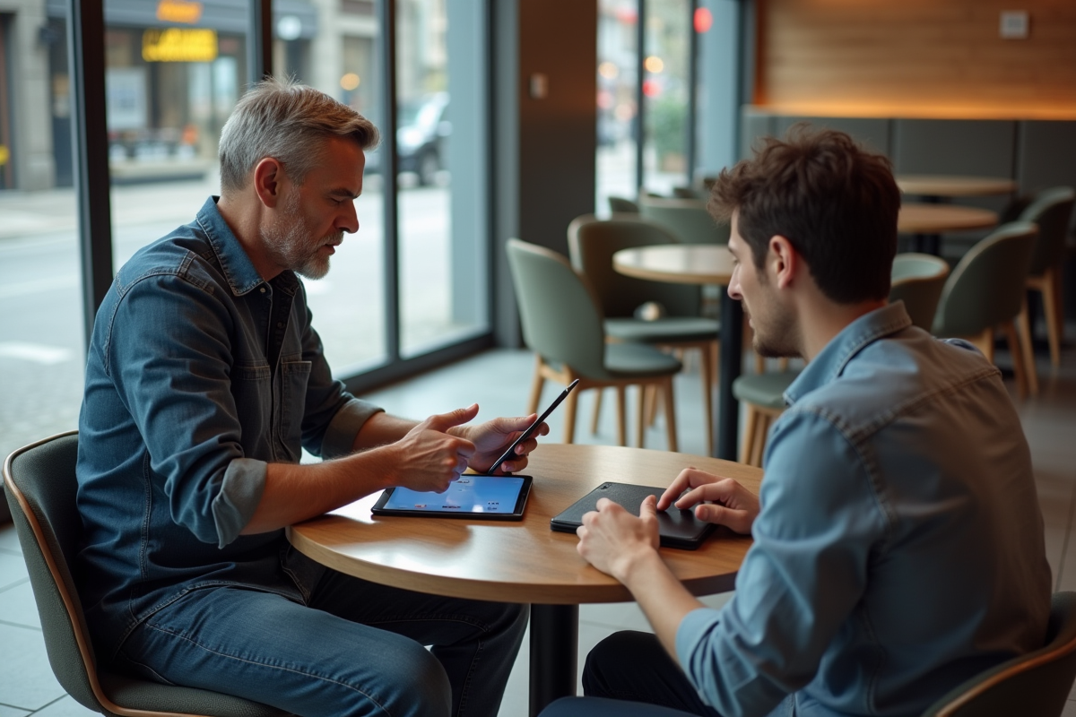 Homme comparant deux tablettes dans un café urbain