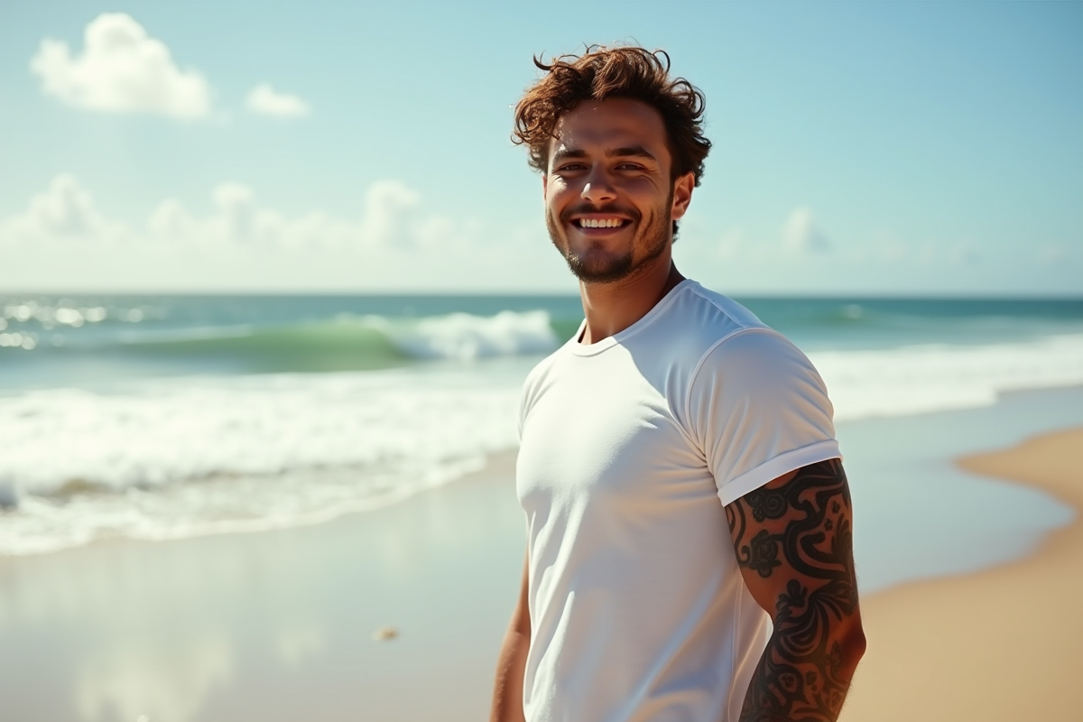 Jeune homme souriant avec tatouages maori sur la plage