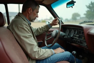 Homme d'âge moyen inspectant un tableau de bord usé d'une voiture ancienne