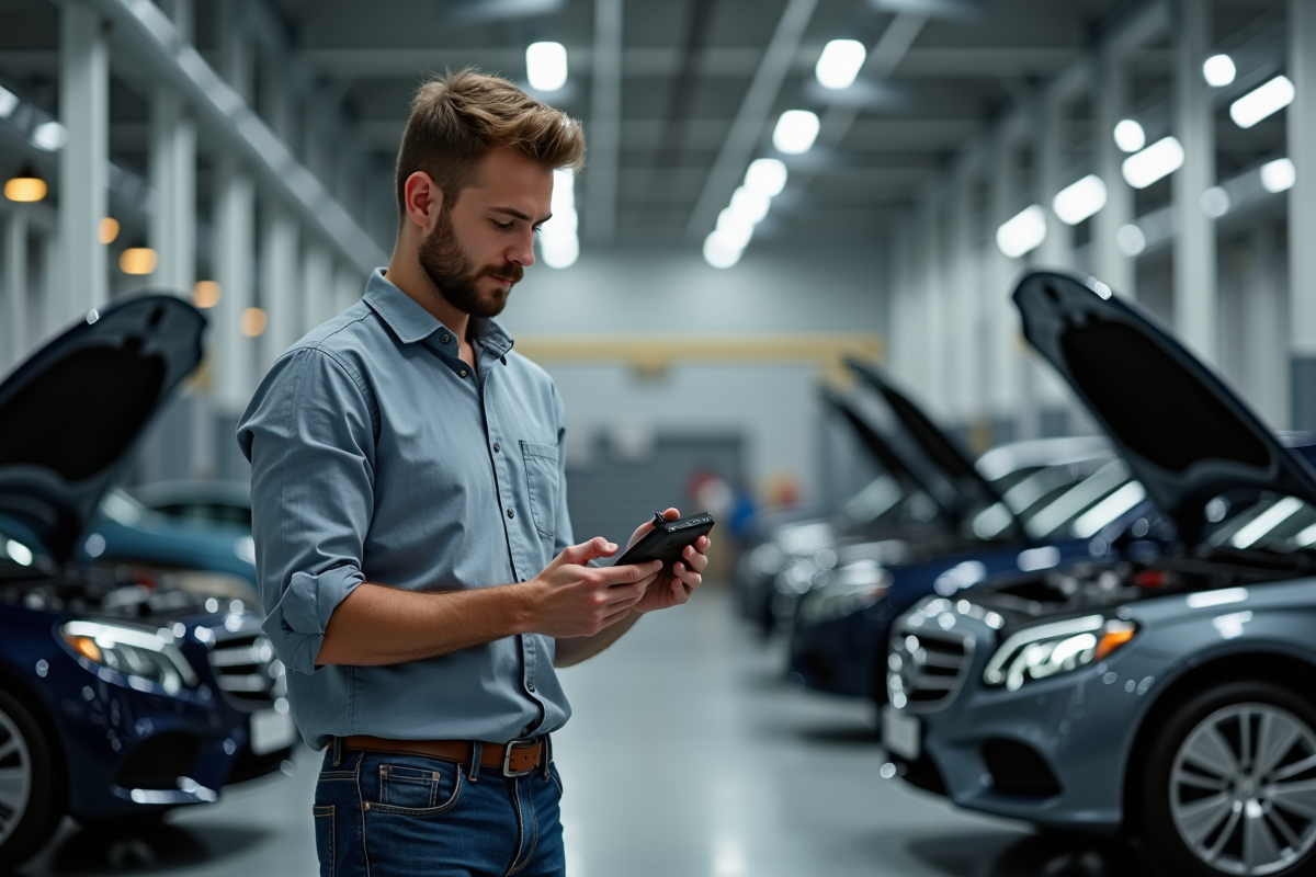 Jeune ingenieur automobile examinant une ECU dans un atelier