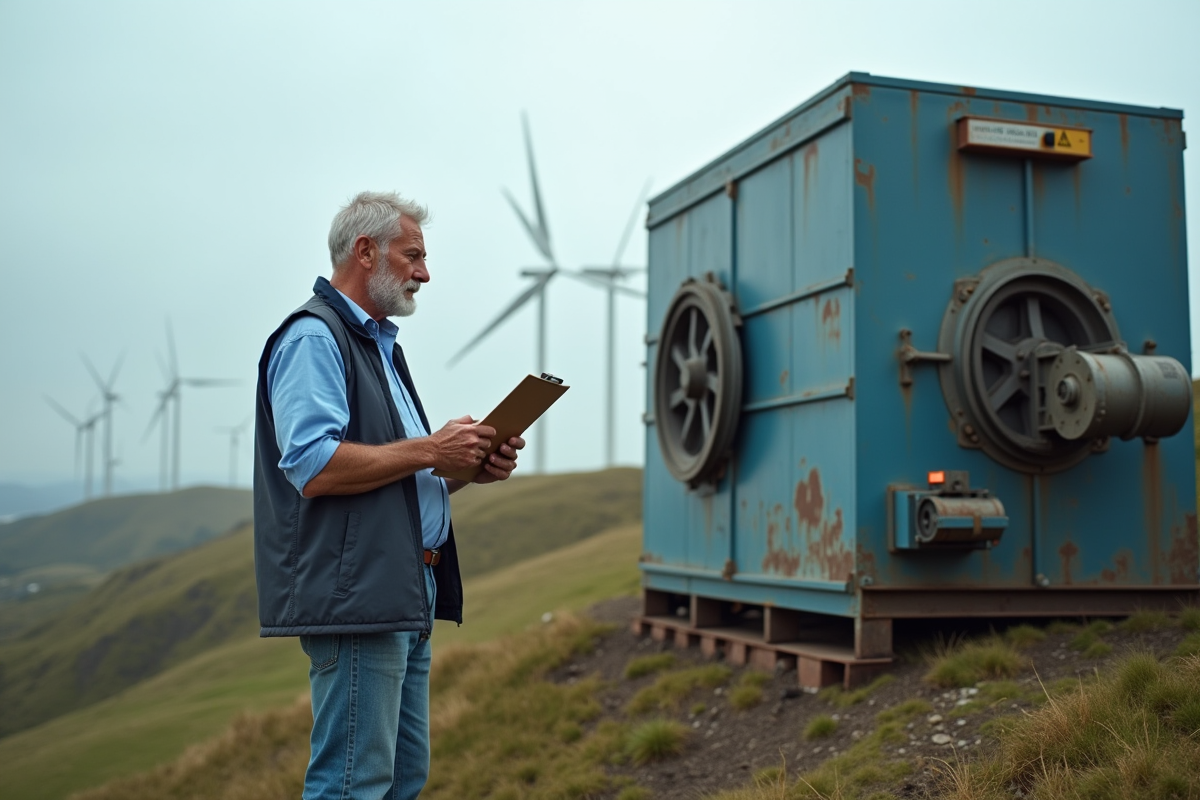 Ingénieur inspectant une installation d'énergie stockage en plein air