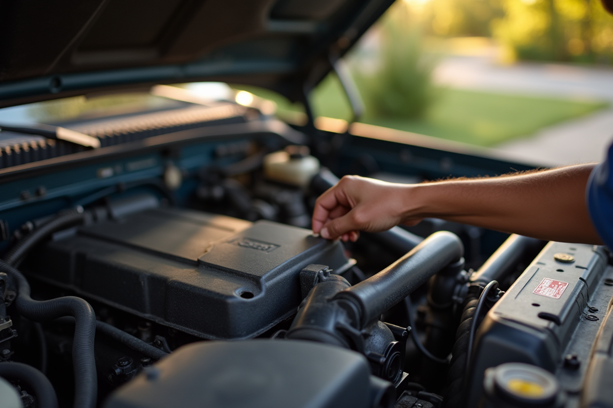 Personne inspectant le moteur d’un pickup d’occasion